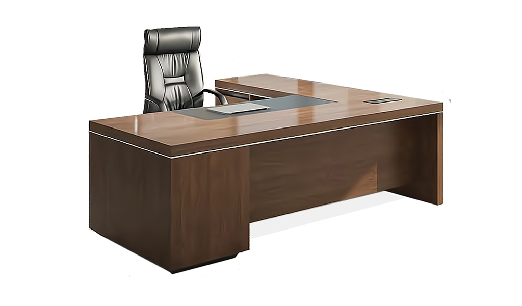 Office Desk In Walnut Veneer | L Shape Office Tables: Boss's Cabin