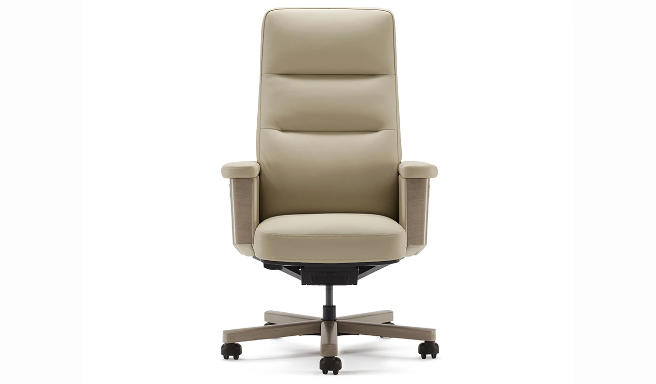 ‘Royale’ High Back Chair In Beige Nappa Leather & Oak Veneer