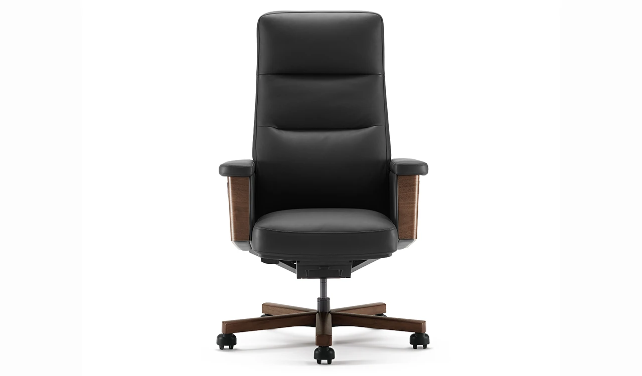 ‘Royale’ High Back Chair In Black Nappa Leather & Walnut Veneer