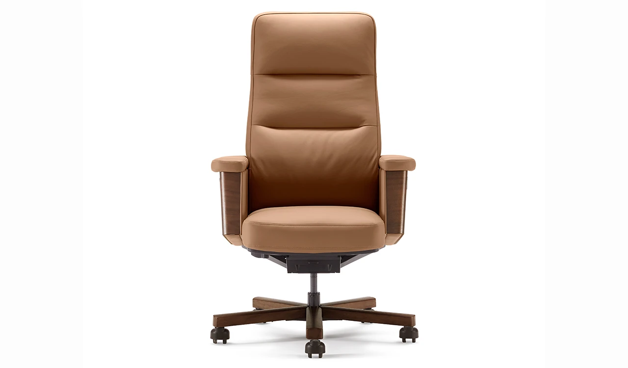 ‘Royale’ High Back Chair In Tan Nappa Leather & Walnut Veneer