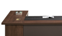 walnut finished office desk with wirebox
