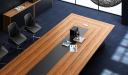 meeting table with zebra veneer and leather top