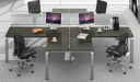 modern office with dark wood finish L shape workstations with chairs