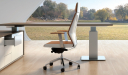 modern office table with tan leather office chair