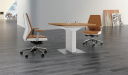 meeting table with two medium back office chairs in tan leather