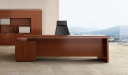 modern, straight lines office desk with black leather chair and rear storage cabinet