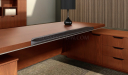 solid wood finish office desk with leather and chrome edges