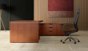 side view of contemporary L shape office desk with side cabinet