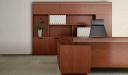 modern office desk with rear storage cabinet