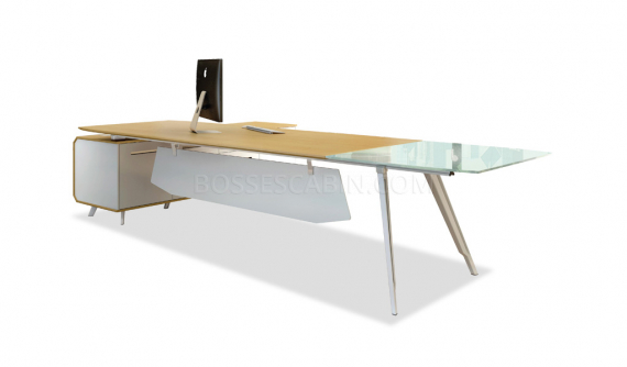 modern office table in maple wood and frosted glass