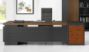 office table in wood veneer with black leather chair and rear cabinet