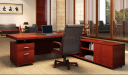 wooden office table, side cabinet and black leather chair