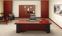 elegant office room with wooden desk, leather chair and rear storage cabinet