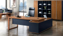 office cabin with walnut veneer office table and rear storage cabinet