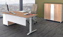 contemporary office desk with high back leather chair and rear storage cabinet