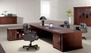 solid wood office table with leather chairs