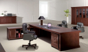 solid wood office table with leather chairs