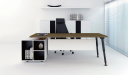contemporary office cabin with desk and side cabinet and black leather chairs