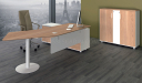 modern office desk with curved top and side cabinet