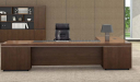 walnut office desk with black leather chair and rear storage cabinet