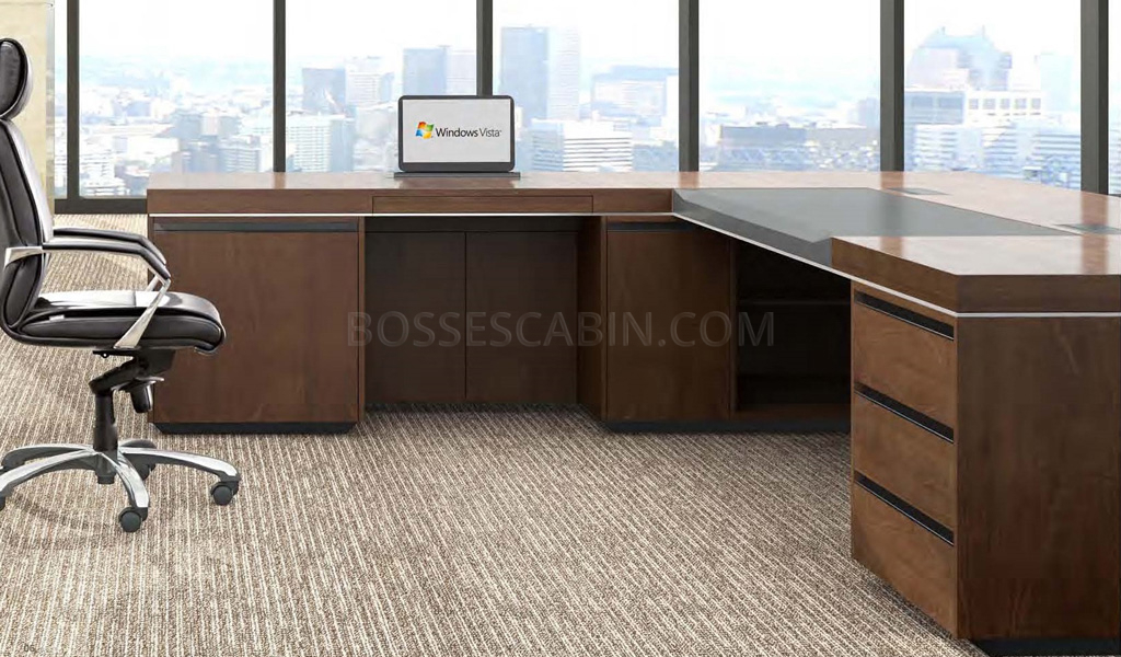 L Shape Office Table In Walnut  Office Tables Online: Boss's Cabin
