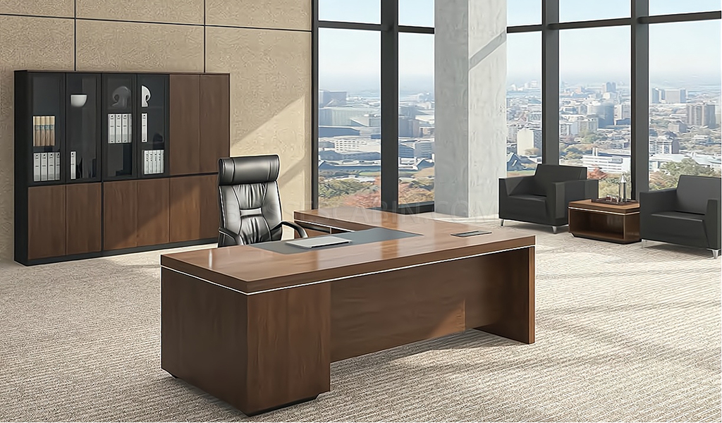 L Shape Office Table In Walnut  Office Tables Online: Boss's Cabin