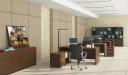 modern office with walnut finish office desks with credenza