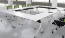 square modular conference table in white laminate with castors