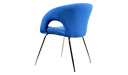 side view of arm chair in blue fabric with chrome legs