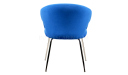 rear view of blue fabric arm chair with steel legs