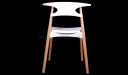 back view of white cafeteria chair with light wood legs