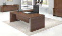 large office cabin with walnut finish office table and black leather chair
