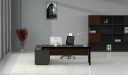 front view of black glass office desk with side cabinet and chair