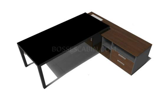 office desk with black glass top and walnut finish side cabinet