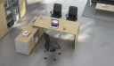 top view of L shape 7 feet office desk with black leather chairs