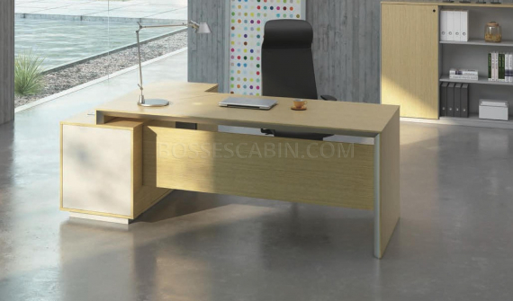 7 feet office desk in white oak finish with side cabinet