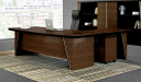 walnut wood office table with black leather chair and rear storage
