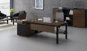 office cabin with walnut finish office table with black metal legs