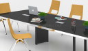 black glass top conference table with yellow chairs