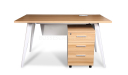 light walnut office desk with white metal legs and mobile pedestal