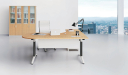 office cabin with L shaped office table and white leather chair