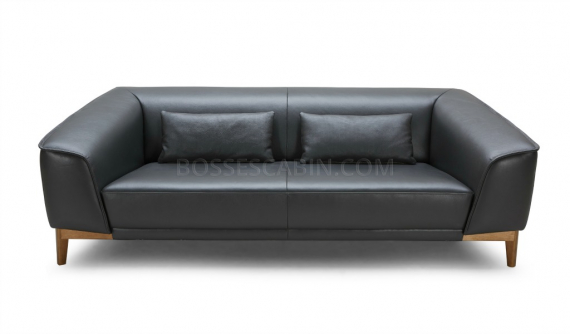 three seater office sofa in black leather with solid wood legs