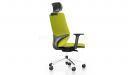 green fabric office chair with curved back and lumbar support