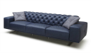 three seater office sofa in blue leather and gray steel legs