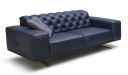 two seater office sofa in blue leather with gray steel base.