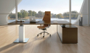 contemporary office with height adjustable premium office desk and tan leather chair