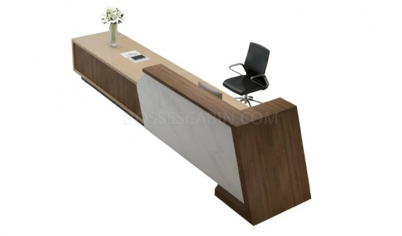 large reception table with marble frontage and walnut veneer