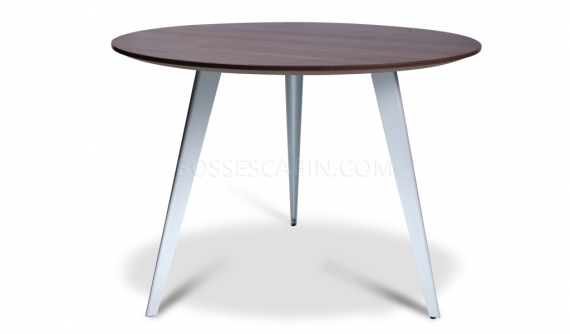 round meeting table with walnut laminate top and white powder coated legs