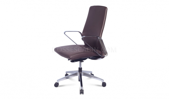 brown leather office chair with steel arms and base