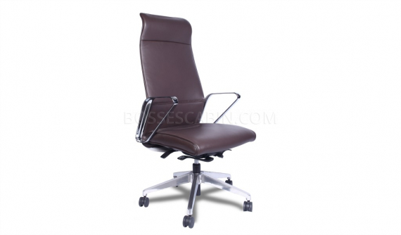 brown leather office chair with high back rest and stainless steel arms